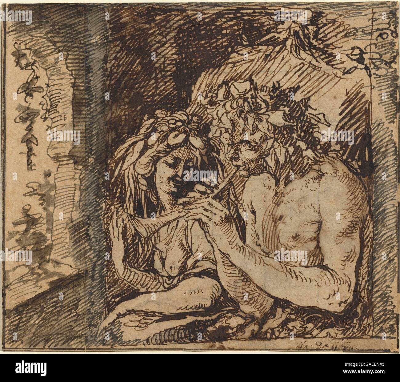 Ein Stich von Jacques de Gheyn II., der Bacchus und Ceres zeigt, welche römischen Götter des Weins und der Landwirtschaft mit Attributen, Vorhängen, Gesten und symbolischen Elementen, die Fülle und Festlichkeit darstellen. Stockfoto