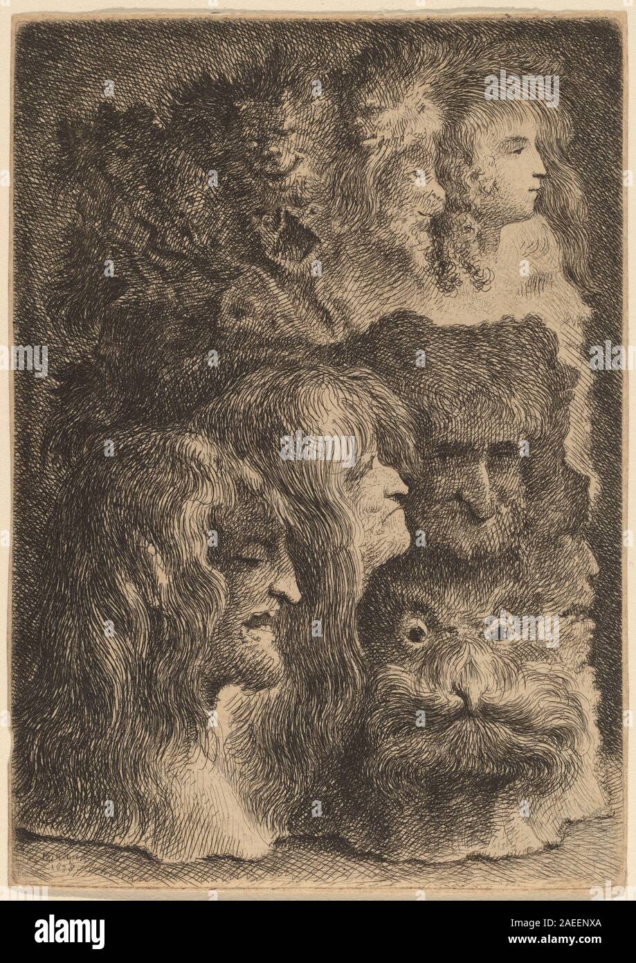 Jacques de Gheyn III. Präsentiert 1638 in seiner Serie Fantastic Heads eine Sammlung überspitzter und fantasievoller menschlicher Gesichter, die Ausdruck, Merkmale und Charakterstudien in detaillierter Ätzung veranschaulicht. Stockfoto
