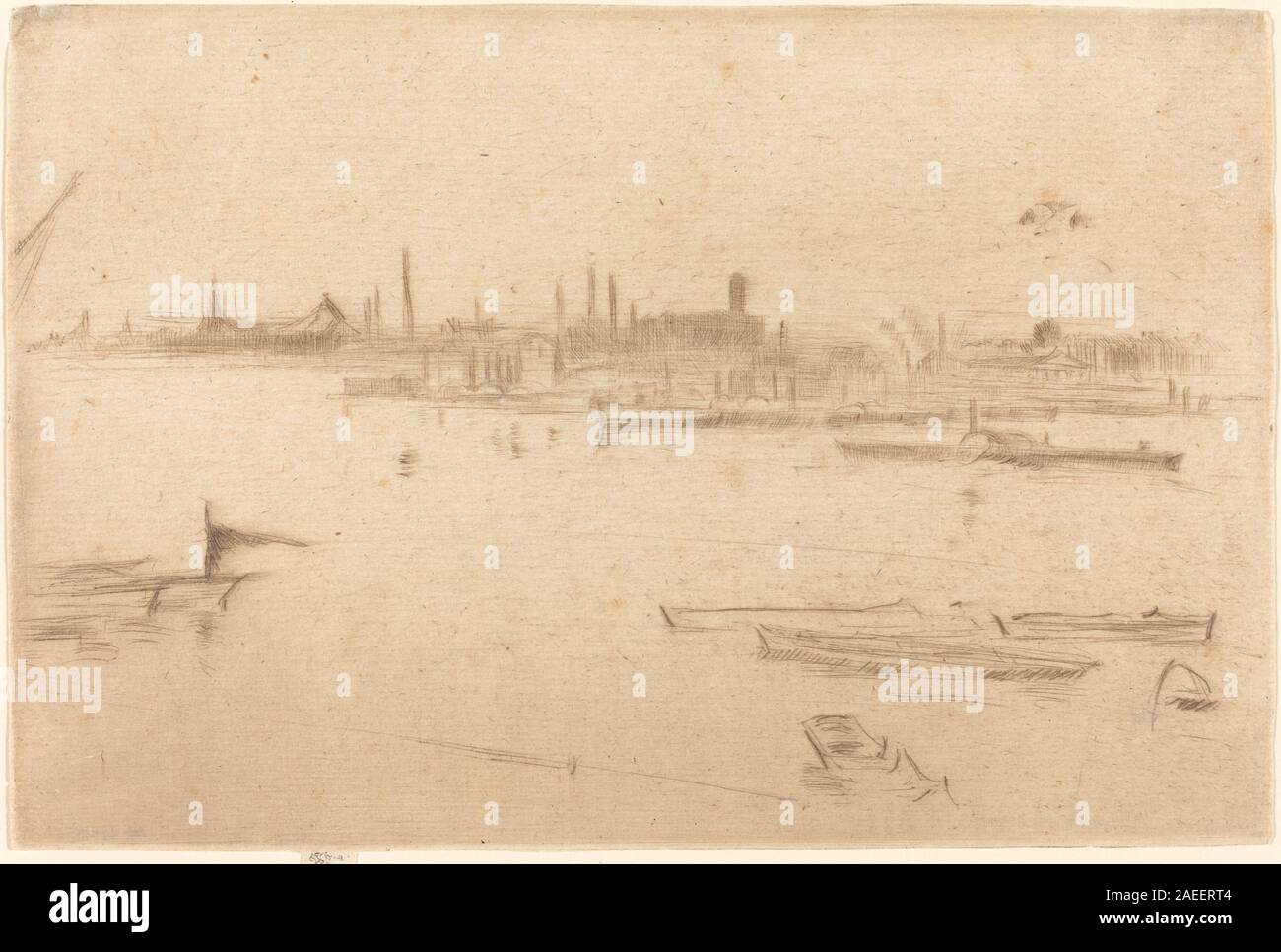 Ein 1875 entstandenes Artwork von James McNeill Whistler mit dem Titel Battersea – Dawn, das eine Szene darstellt, die mit Battersea at Dawn assoziiert ist. Der Titel enthält den Betreff und das Produktionsdatum. Stockfoto