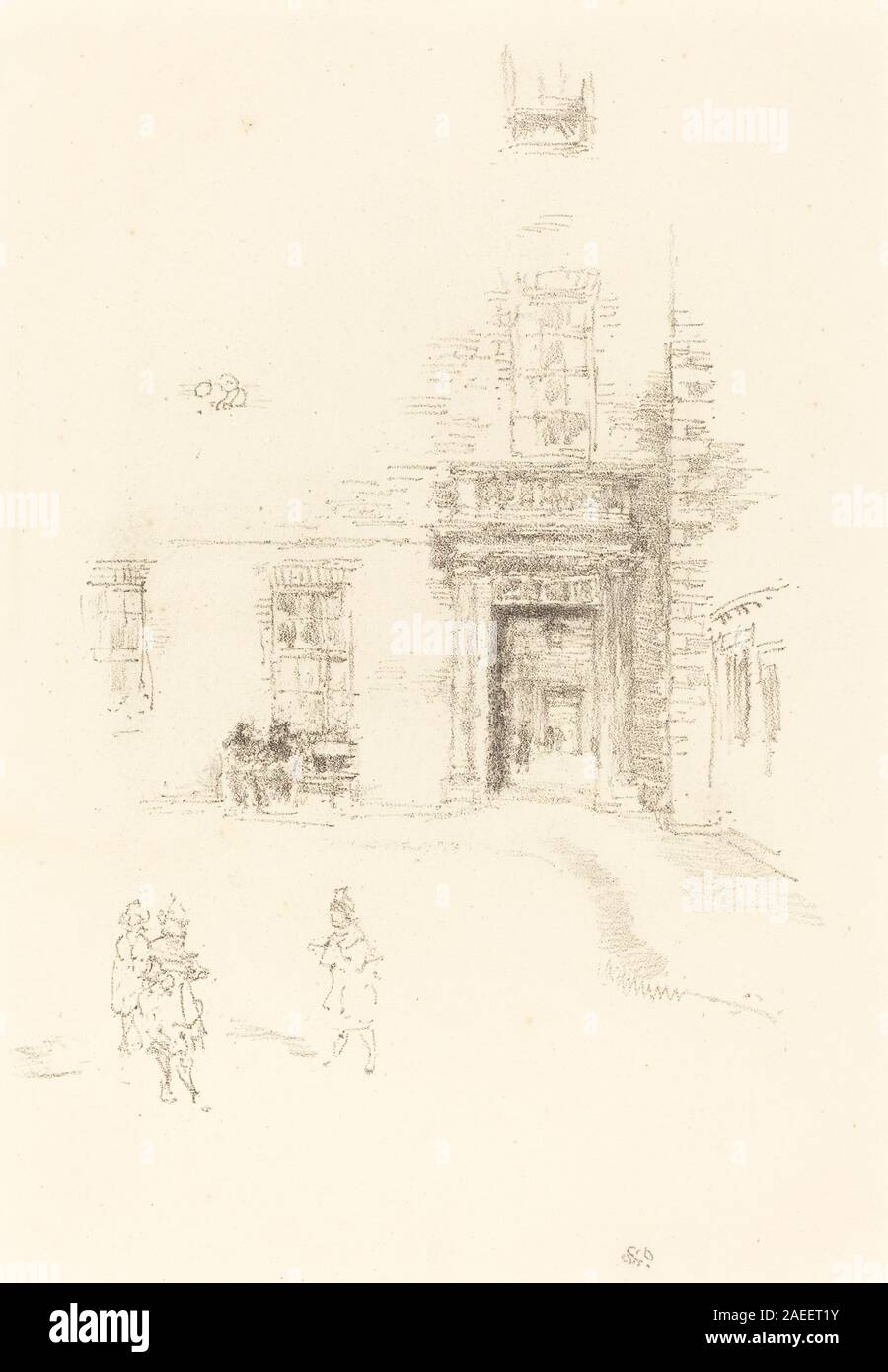 Gemälde von James McNeill Whistler, das 1888 den Innenhof des Chelsea Hospital darstellt. Zu den Höhepunkten zählen architektonische Elemente, Wege, offene Räume und das Krankenhausgelände im London des späten 19. Jahrhunderts. Stockfoto