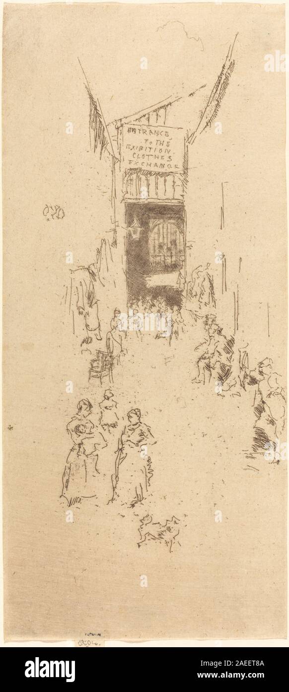 Ein geätzter Blick auf eine enge Stadtpassage, die von architektonischen Details und eingelassenen Eingängen geprägt ist, mit Fokus auf den engen Raum und die lineare Perspektive, die für Whistlers Stadtszenen charakteristisch sind. Stockfoto