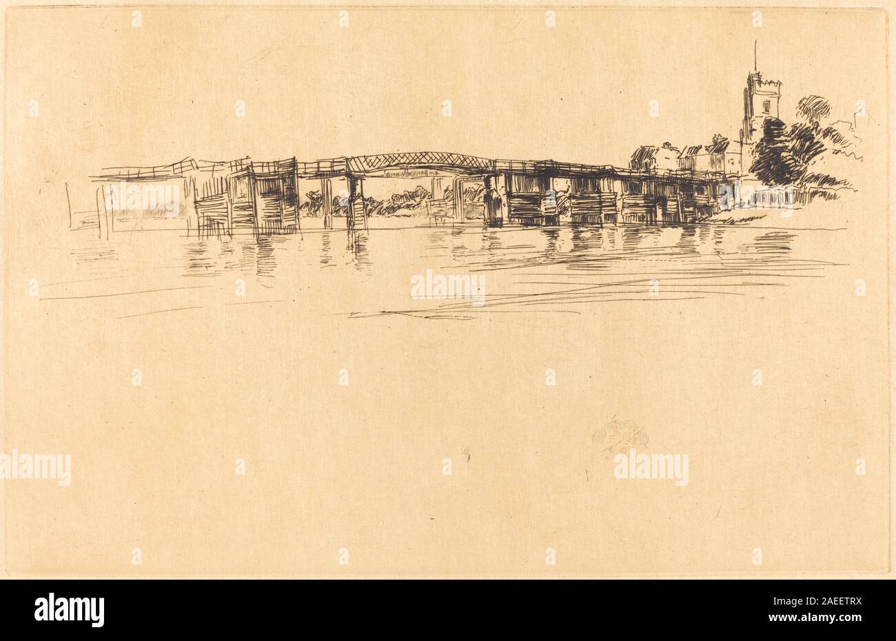 Ein 1879 entstandenes Kunstwerk von James McNeill Whistler mit dem Titel Little Putney No. 1, das eine Szene darstellt, die mit der Gegend von Putney verbunden ist. Der Titel enthält den Betreff und das Produktionsdatum. Stockfoto