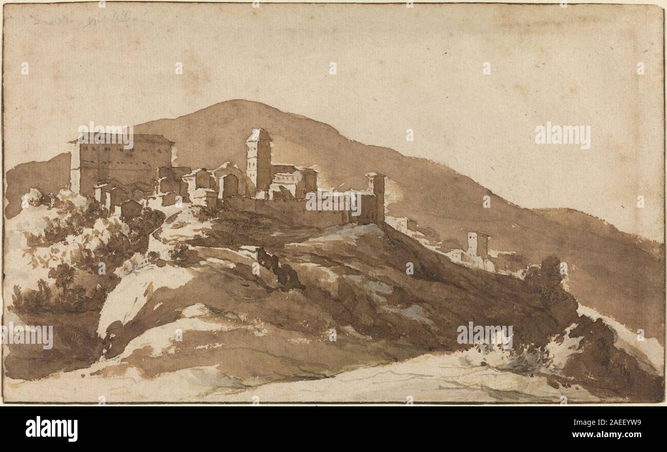 Stich von Jan de Bisschop, Blick auf Savelli bei Albano. Zeigt ein ländliches italienisches Dorf mit Häusern, Bäumen, Hügeln und Straßen, die die Landschaft betonen, Architektur und topografische Genauigkeit. Stockfoto