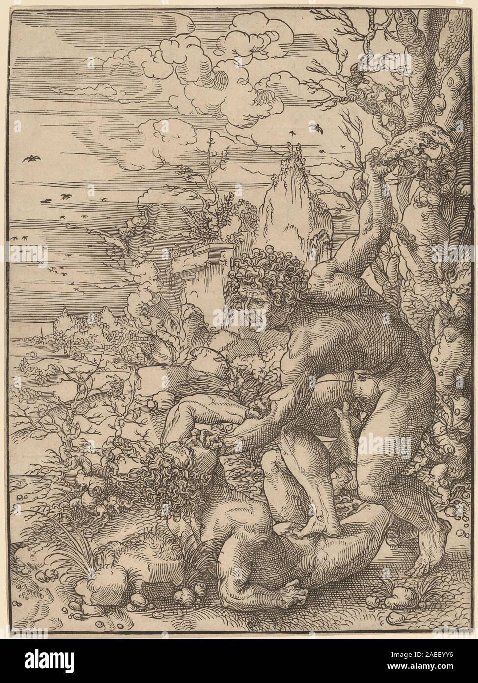 Dieses Gemälde von Jan Gossaert zeigt die biblische Geschichte von Kain, der Abel tötet. Es zeigt die beiden Brüder, Gesten, Ausdrücke und Landschaft, die die Kunst der nördlichen Renaissance des frühen 16. Jahrhunderts widerspiegeln. Stockfoto