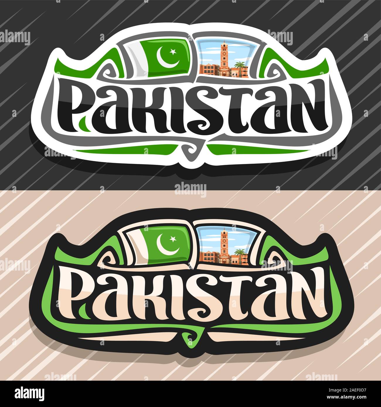 Vektor logo für Pakistan Land, Kühlschrank Magnet mit der pakistanische Staat Flagge, original brush Schrift für Wort Pakistan und nationalen pakistanischen Symbol-F Stock Vektor