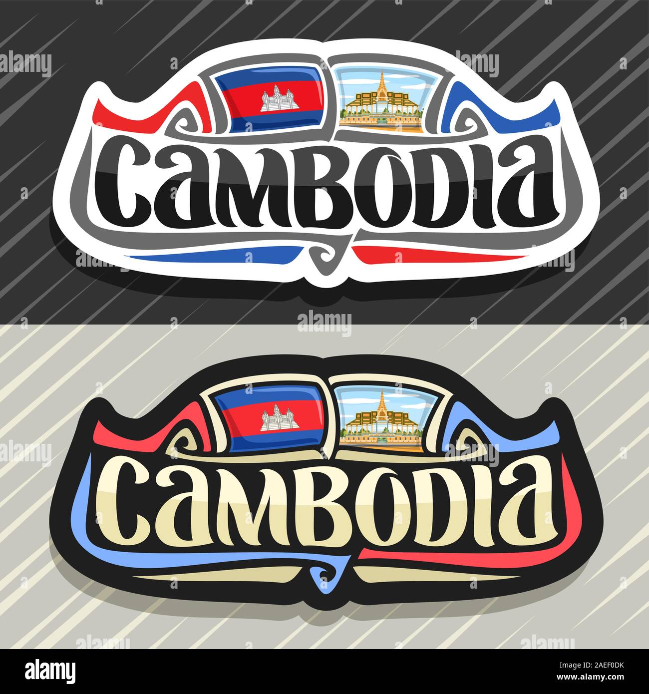 Vektor Logo für das Königreich Kambodscha, Kühlschrank Magnet mit kambodschanischen Staat Flagge, original brush Schrift für Wort Kambodscha und nationale kambodschanische Symbol Stock Vektor