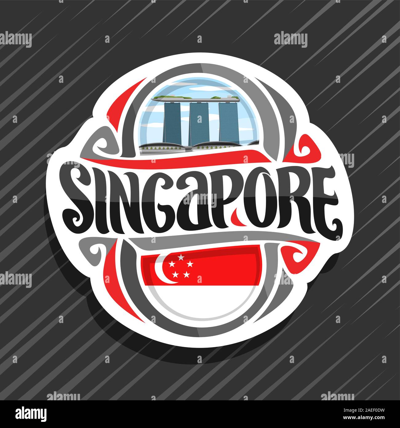 Vektor logo für Singapur Land, Kühlschrank Magnet mit State Flag, original brush Schrift für Wort Singapur und nationales Symbol - Resort Hotel Marina Stock Vektor