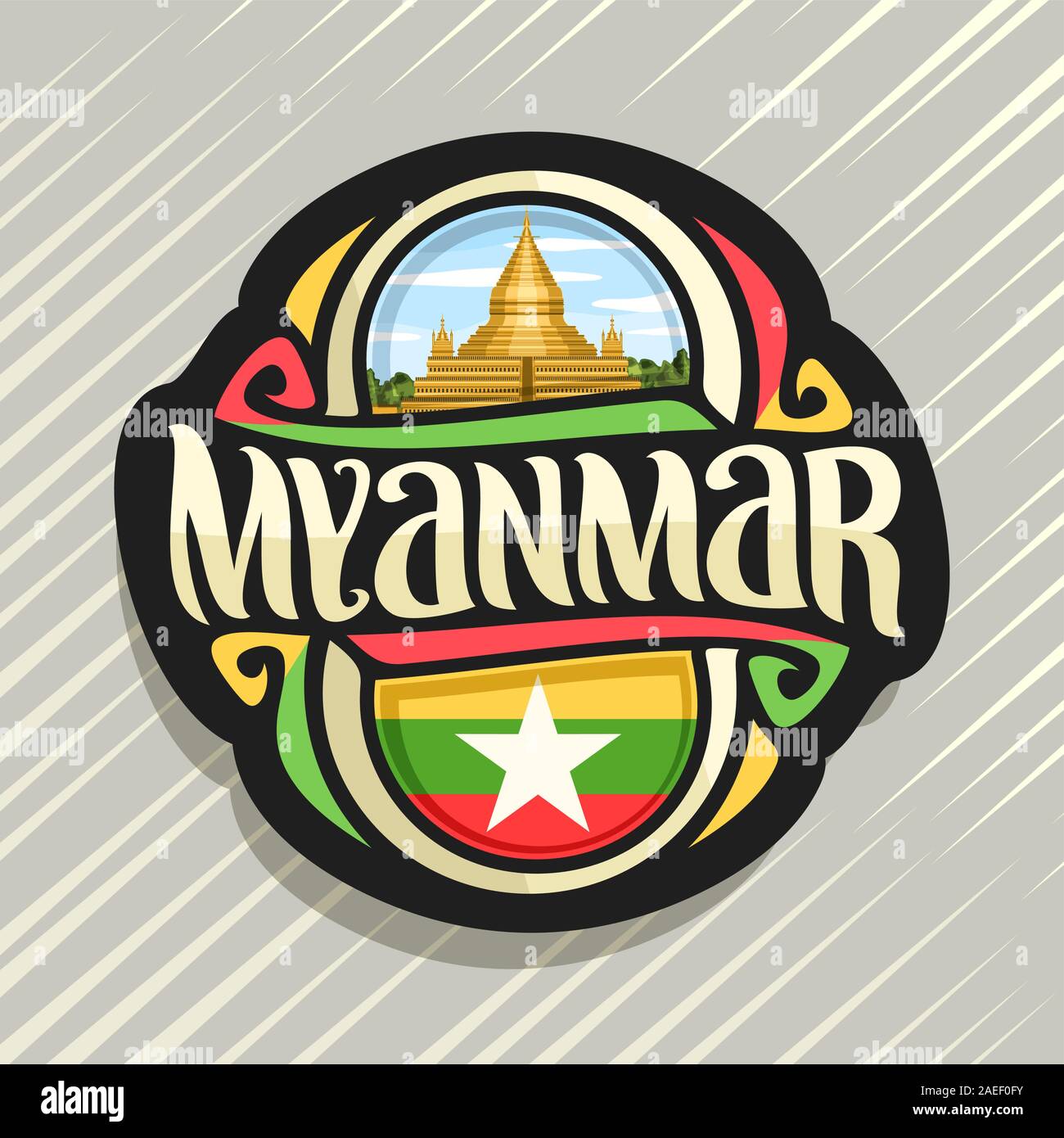 Vektor logo für Myanmar, Kühlschrank Magnet mit myanmarese State Flag, original brush Schrift für Wort Myanmar und nationalen myanmarese Symbol - S Stock Vektor