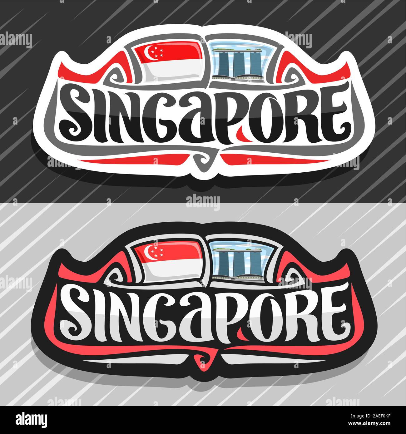 Vektor logo für Singapur Land, Kühlschrank Magnet mit State Flag, original brush Schrift für Wort Singapur und nationales Symbol - Resort Hotel Marina Stock Vektor