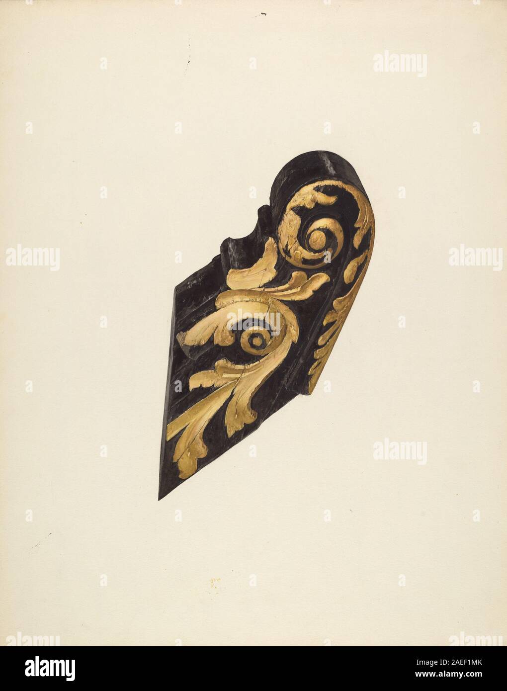 Ein geschnitzter hölzerner Billehead für ein Schiff, der seine dekorative Form, Designelemente und Handwerkskunst im Detail zeigt. Stockfoto