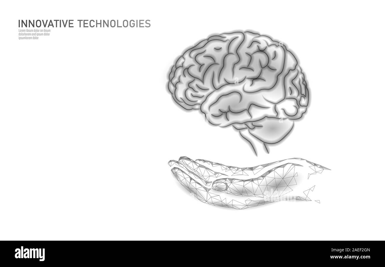 Gehirn Behandlung Low Poly 3D-Render. Medizin care hand Droge psychische Gesundheit Konzept. Kognitive Rehabilitation in Alzheimer's Disease center Banner Stock Vektor
