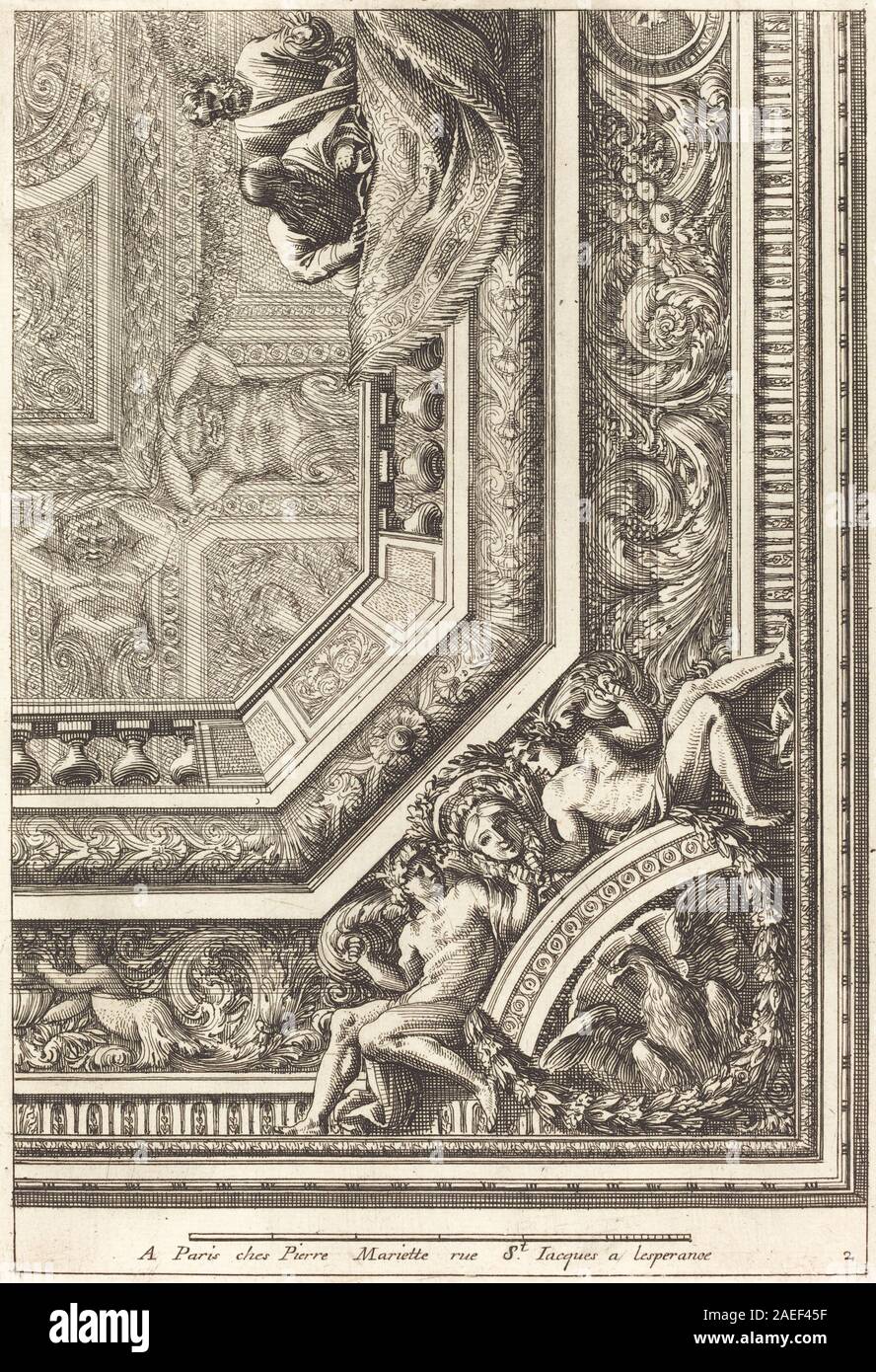 Stich von Jean Lepautre, Quarts de Plafons. Zeigt dekorative Deckenpaneele mit ornamentalen Motiven, detaillierten Figuren, Blumenmustern und geometrischen Designs, die klassische dekorative Kunst und Designkomposition betonen. Stockfoto
