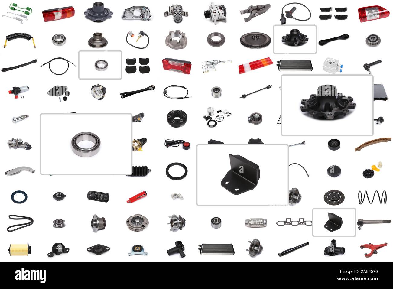 Hintergrund für einen Katalog oder ein Auto parts Auswahl Programm mit einem Schwerpunkt auf drei Teile: Lager, Radnabe, Chipper. Stockfoto