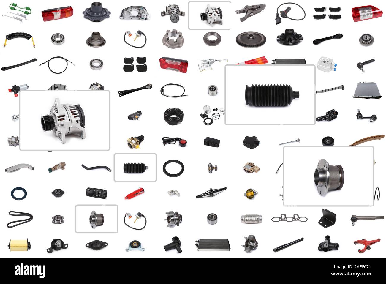 Hintergrund für einen Katalog oder ein Auto parts Auswahl Programm mit einem Schwerpunkt auf drei Teile: Auto Lichtmaschine, Spurstange Reparatursatz Radnabe Reparatursatz. Stockfoto