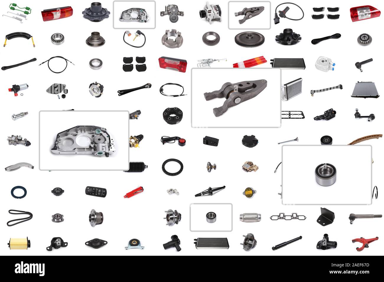 Hintergrund für einen Katalog oder ein Auto parts Auswahl Programm mit einem Schwerpunkt auf drei Teile: ausrückgabel, Lager und Ölpumpe. Stockfoto