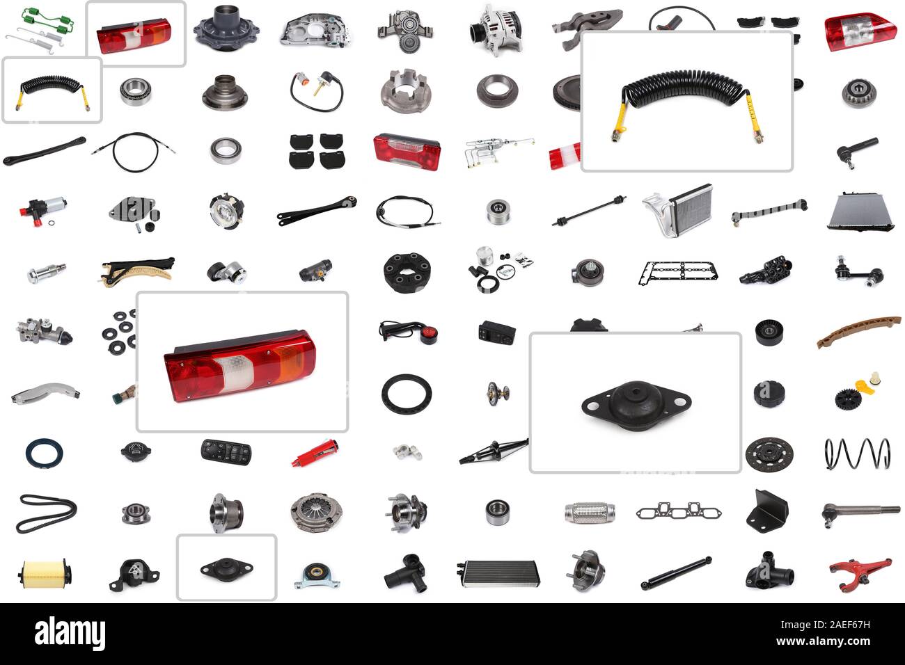 Hintergrund für einen Katalog oder ein Auto parts Auswahl Programm mit einem Schwerpunkt auf drei Teile: Luftschlauch, Scheinwerfer und einhängevorrichtung. Stockfoto