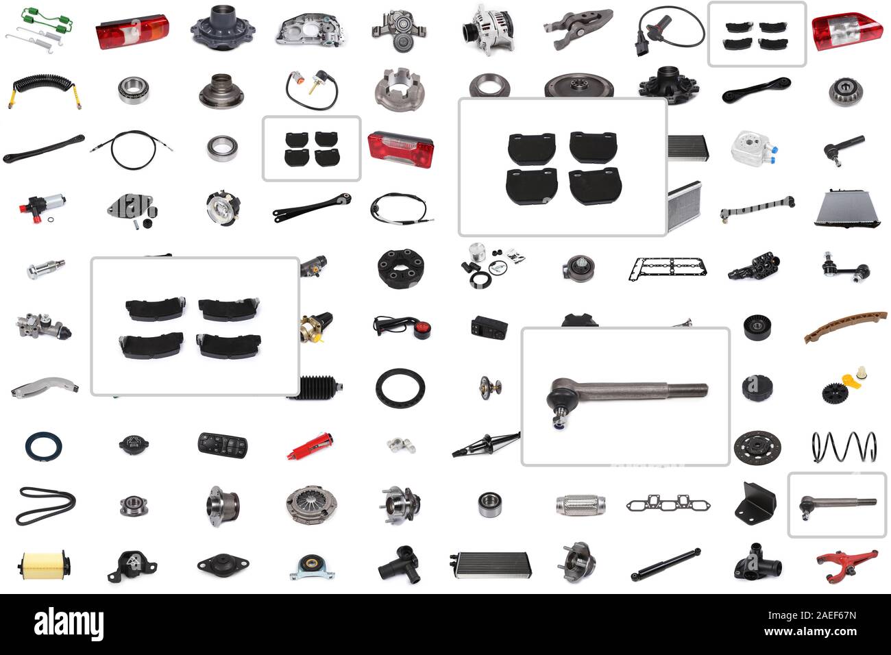 Hintergrund für einen Katalog oder ein Auto parts Auswahl Programm mit einem Schwerpunkt auf drei Teile: Disc Bremsbeläge, Lenkung Tipp. Stockfoto