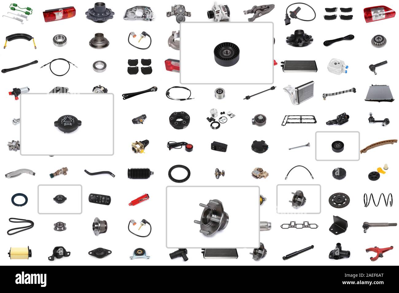 Collage aus verschiedenen Autoteile für Pkw und Lkw mit einem Schwerpunkt  auf drei Teile: Kühlerdeckel, Spannrolle, Nabe Reparatursatz  Stockfotografie - Alamy