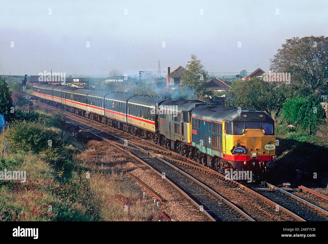 Ein paar Klasse 31 Diesellokomotiven Nummern 31413 und 31411 arbeiten ein Enthusiast railtour im März in Cambridgeshire. Stockfoto