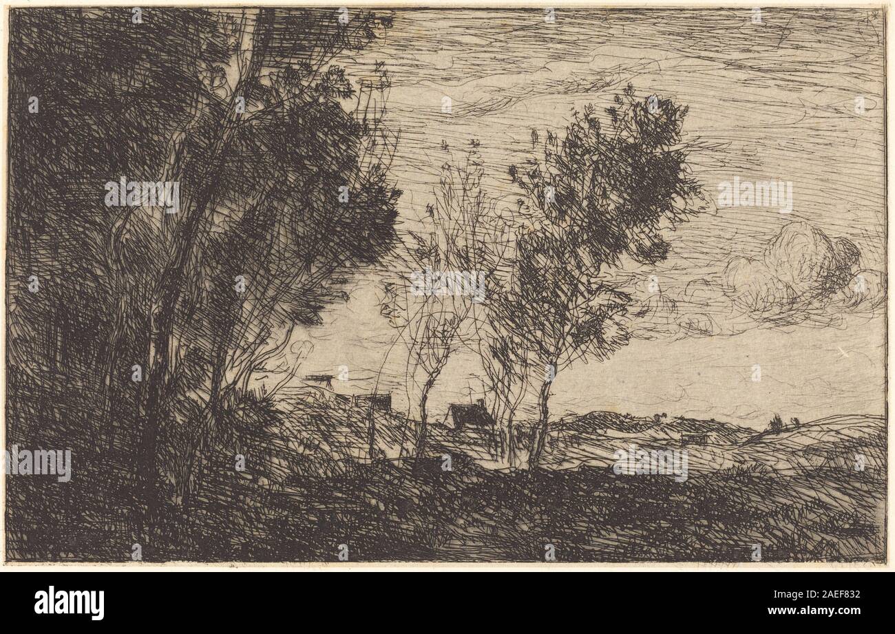 Gemälde von Jean-Baptiste-Camille Corot, in den Dünen: Souvenir of the Haag, 1869. Zeigt Küstendünen mit Sand, Vegetation, fernen Bäumen, Himmel und atmosphärischem Licht. Betonung der naturalistischen Landschaft und der ruhigen Komposition. Stockfoto