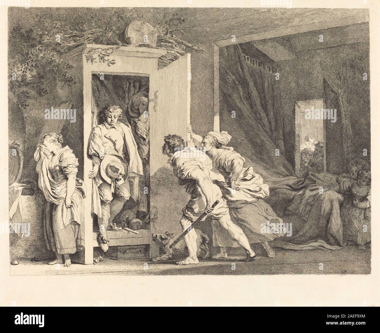 Fragonards „der Schrank“ aus dem Jahr 1778 zeigt einen dekorativen Schrank mit geschnitztem Holz, Paneelen, Türen, Griffen, Ornamente und französische Möbel aus dem 18. Jahrhundert. Stockfoto