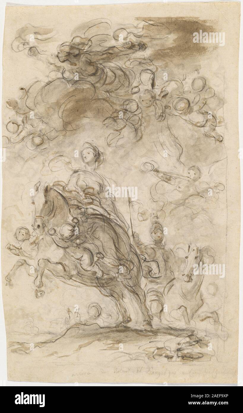 Dieses Gemälde von Jean-Honoré Fragonard zeigt die fiktiven Charaktere Orlando und Angelica, die im Militärlager Karls des Großen ankommen, und illustriert eine Szene aus der epischen Literatur mit historischem Kostüm und Schauplatz. Stockfoto