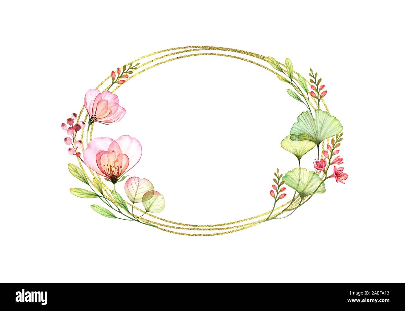 Aquarell Blumen Rahmen mit goldenen Glitzer und Platz für Text. Von Hand bemalt botanischen Abbildung. Horizontale oval Zusammensetzung mit transparenten Rose Stockfoto