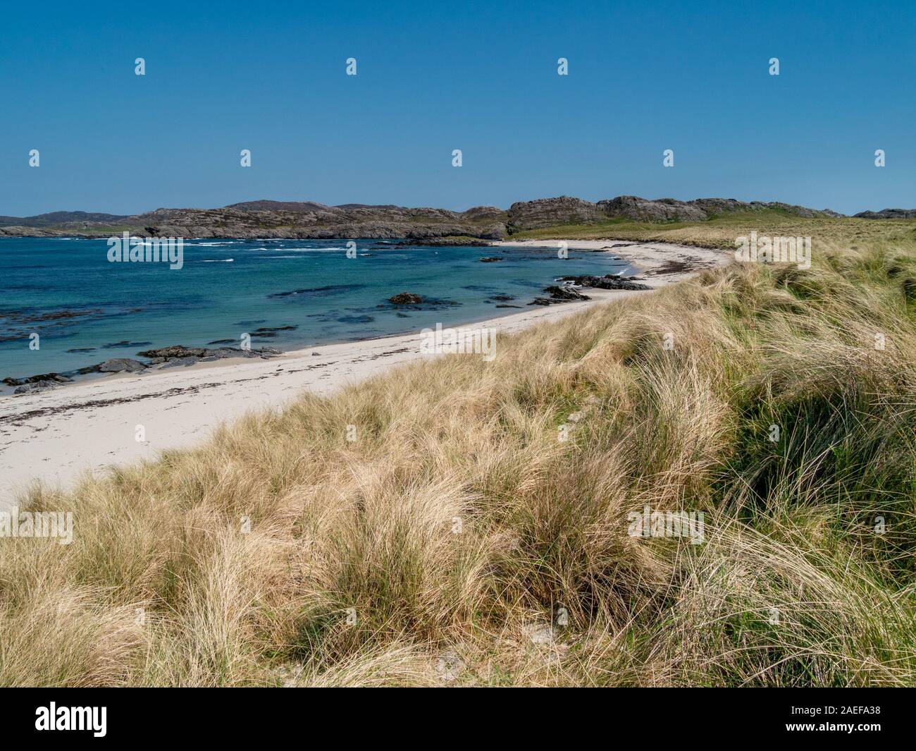 Einsame Ardskenish Strand, Dünen und Dune grass (marram Gras) im Sommer, von der Insel Colonsay, Innere Hebriden, Schottland, Großbritannien Stockfoto