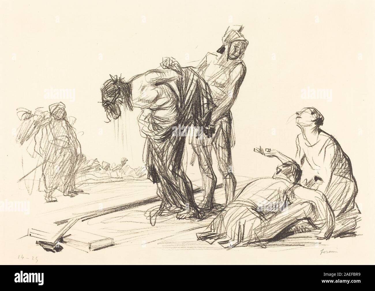 Gemälde von Jean-Louis Forain mit dem Titel „Christ Stripped of his Clothes“ (1909), das die biblische Szene darstellt, in der Christus vor der Kreuzigung entzogen wurde, Betonung der menschlichen Form, Ausdruck des Leidens, religiöse Kunstwerke des frühen 20. Jahrhunderts, sorgfältige Komposition und realistische Darstellung von Figuren. Stockfoto