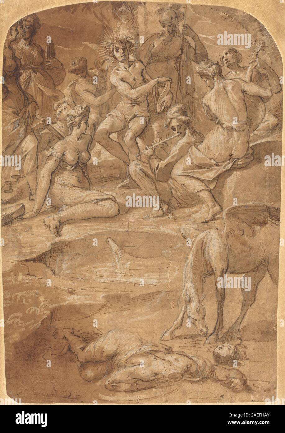 Johann Christoph Storers um 1650 zeigt Apollo und die Musen auf dem Parnassos mit Figuren, Gesten, Instrumenten und klassischer mythologischer Kulisse. Stockfoto