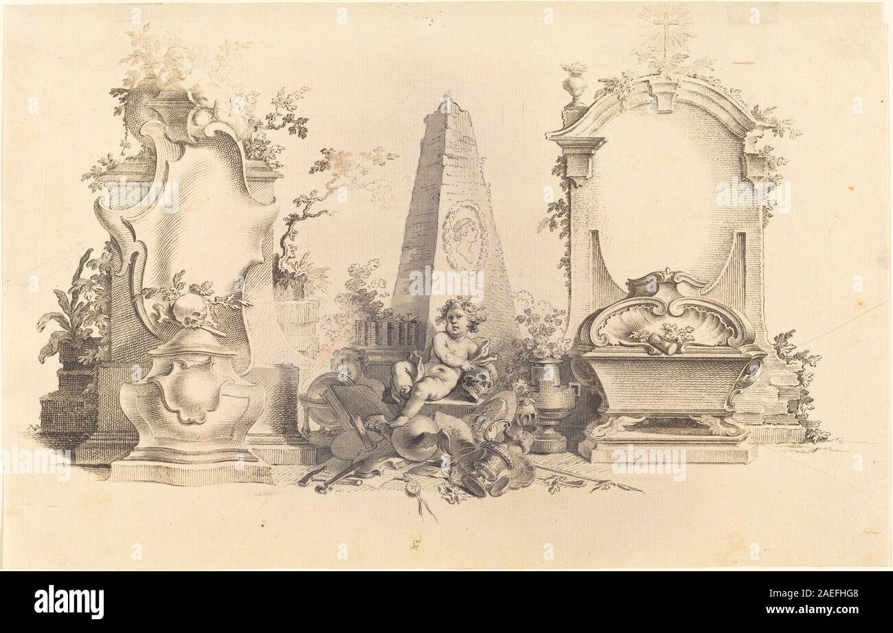 Nilsons „Cartouche Moderne mit Emblemen des Todes“ zeigt symbolische Elemente der Sterblichkeit, darunter Schädel, Skelette, Sanduhren und allegorische Figuren in einem dekorativen Druck aus dem 18. Jahrhundert. Stockfoto