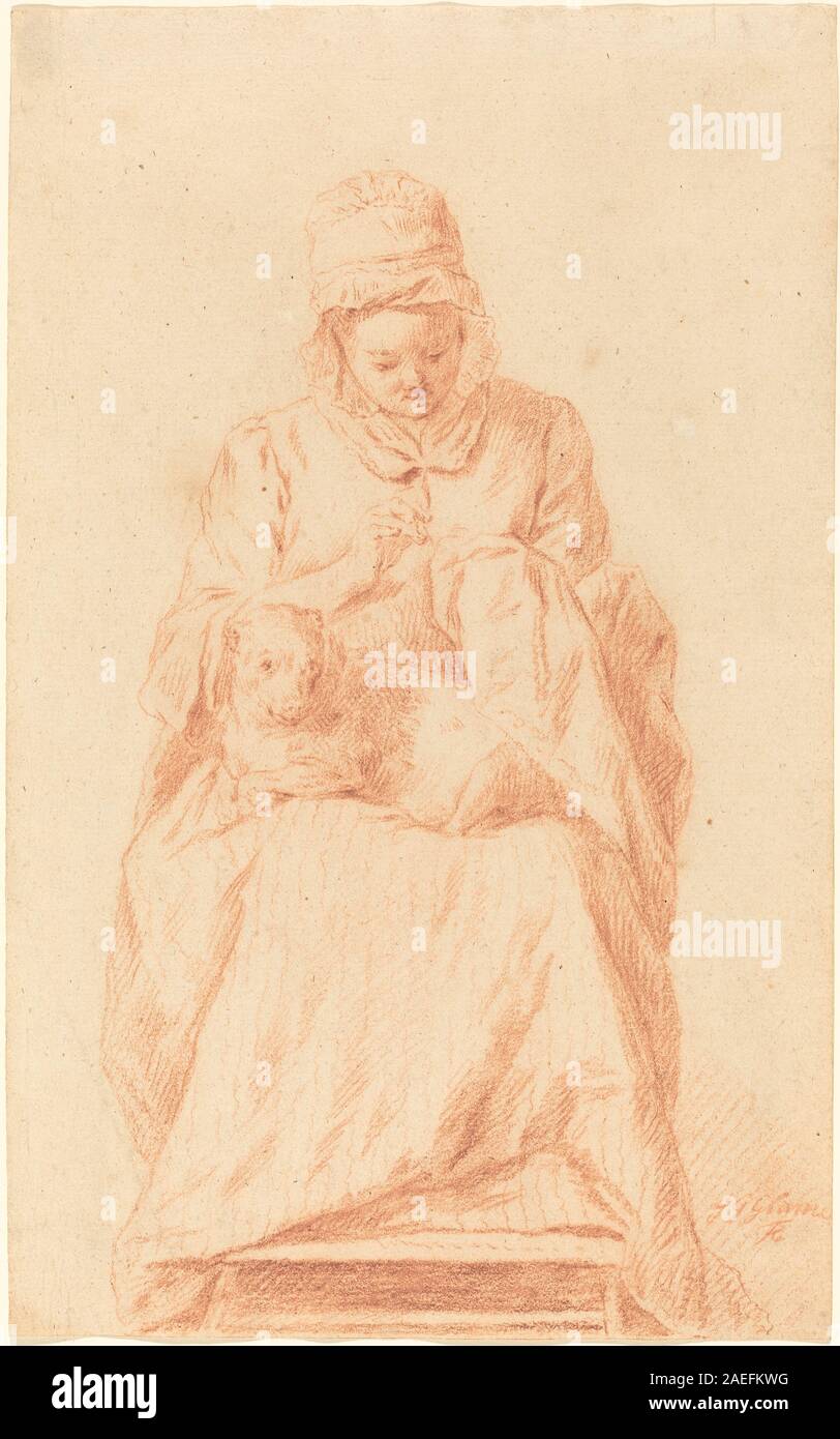 Johann Gottlieb Hüllspelze, junge Frau Nähen mit einem Hund ruht auf Ihrem Schoß, 1750 s () junge Frau Nähen mit einem Hund ruht auf ihrem Schoß; 1750 (?) Stockfoto