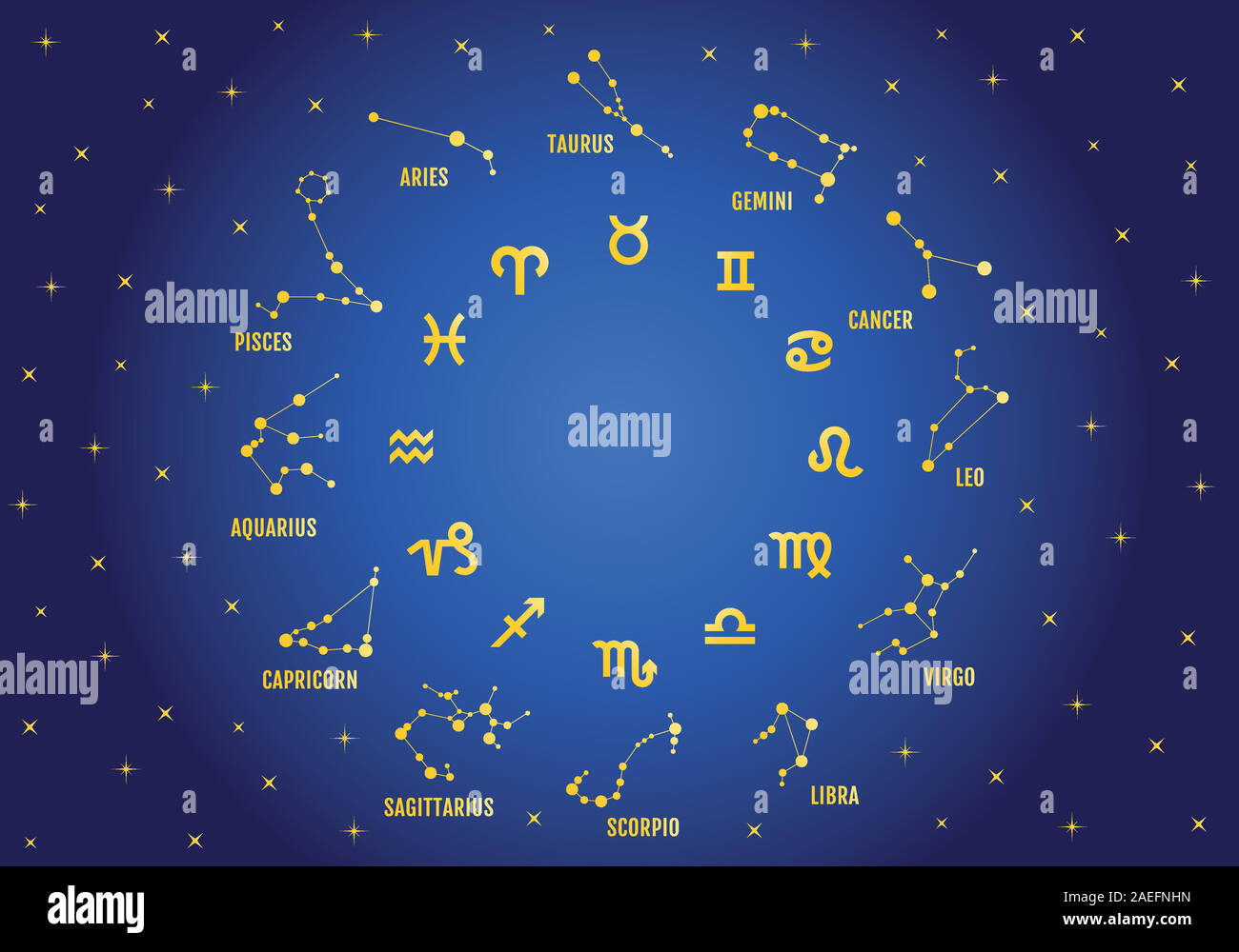 Gold Sternzeichen, golden Horoskop Symbole, Sterne im blauen Himmel, Vektor Icon Set Stock Vektor