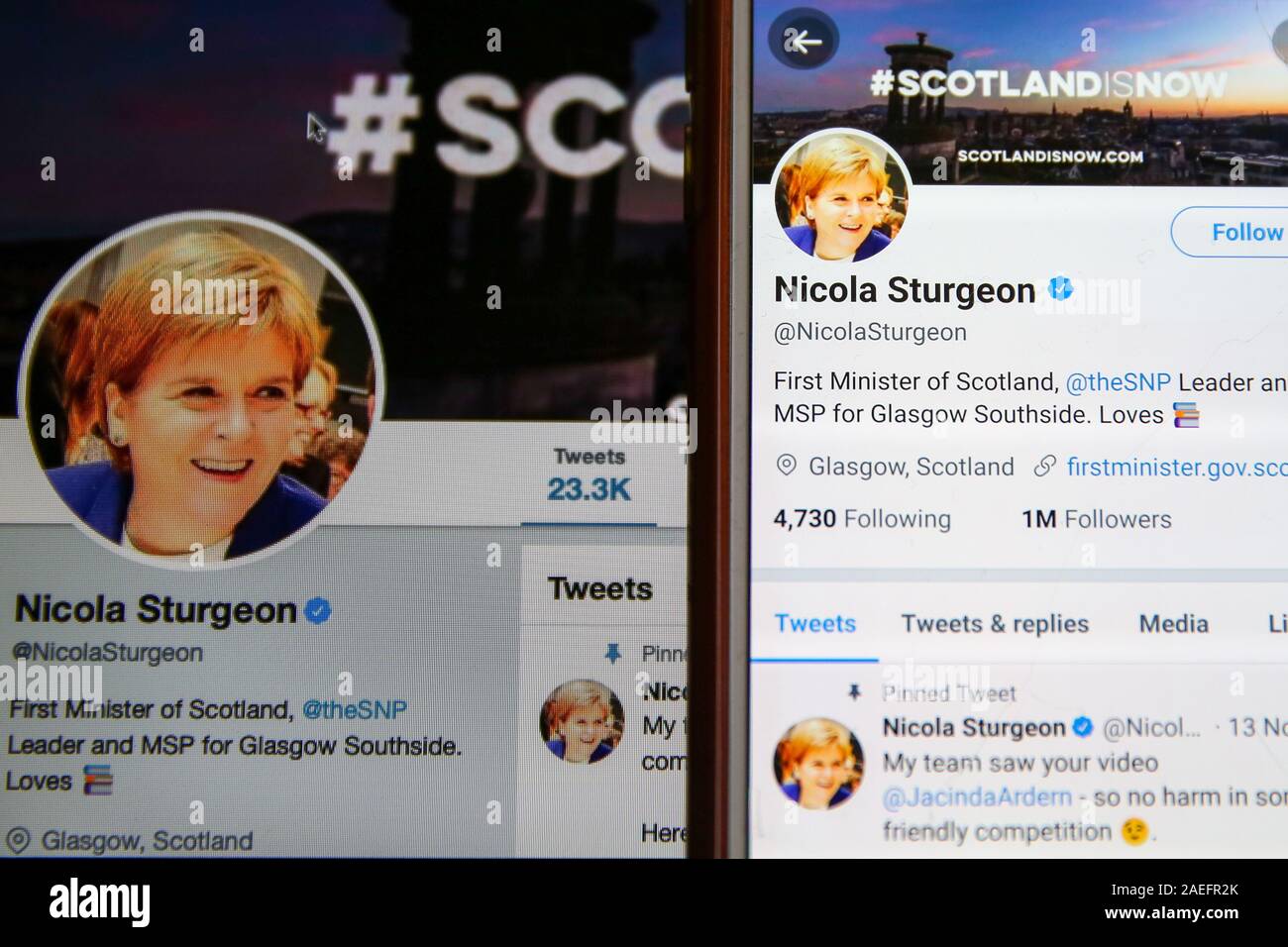 In diesem Foto, Bild a Twitter Account von Nicola Sturgeon, Erster Minister Schottlands, Scottish National Party Leader und MSP für Glasgow Southside auf einen Computer und ein Handy gesehen. Ab dem 8. Dezember 2019, Nicola Sturgeon hat 247 K Anhänger auf Ihrem Twitter Account. Die Briten gehen zu den Abstimmungen am 12. Dezember in einer allgemeinen Wahl. Stockfoto