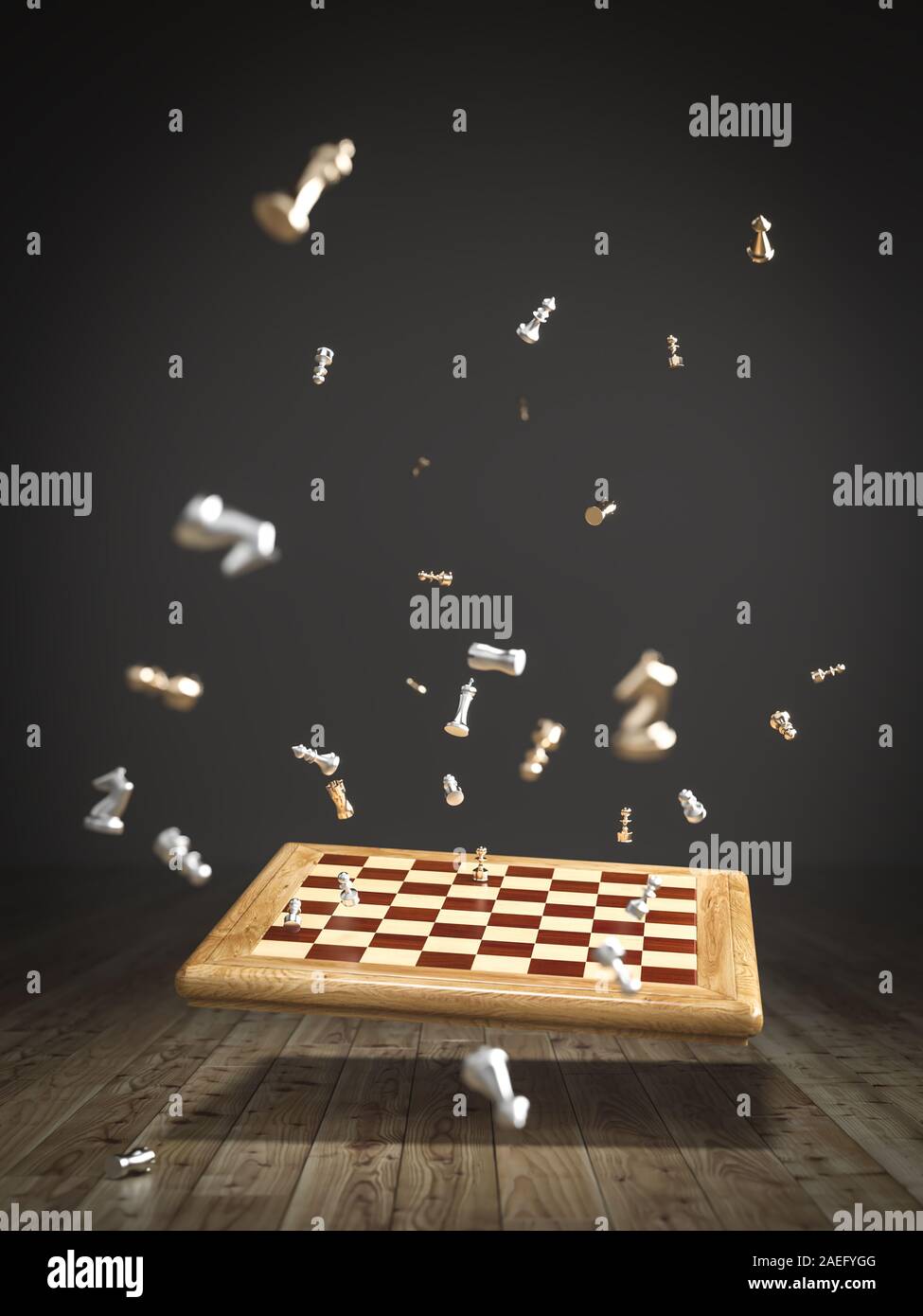Bild von einem Schachbrett auf dem Holzboden, zerstreut und fliegende Teile. 3D-Render Bild. Stockfoto