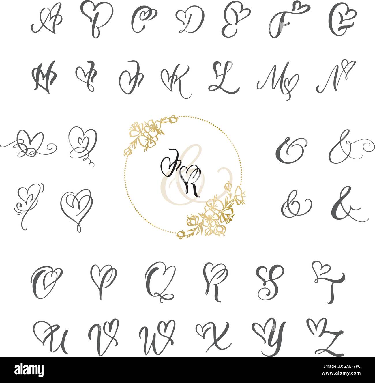 Handschriftliche Herz Kalligraphie Monogramm Alphabet Valentine Cursive Font Mit Bluht Herzen Font Cute Isolierten Buchstaben Fur Postkarte Oder Poster Stock Vektorgrafik Alamy