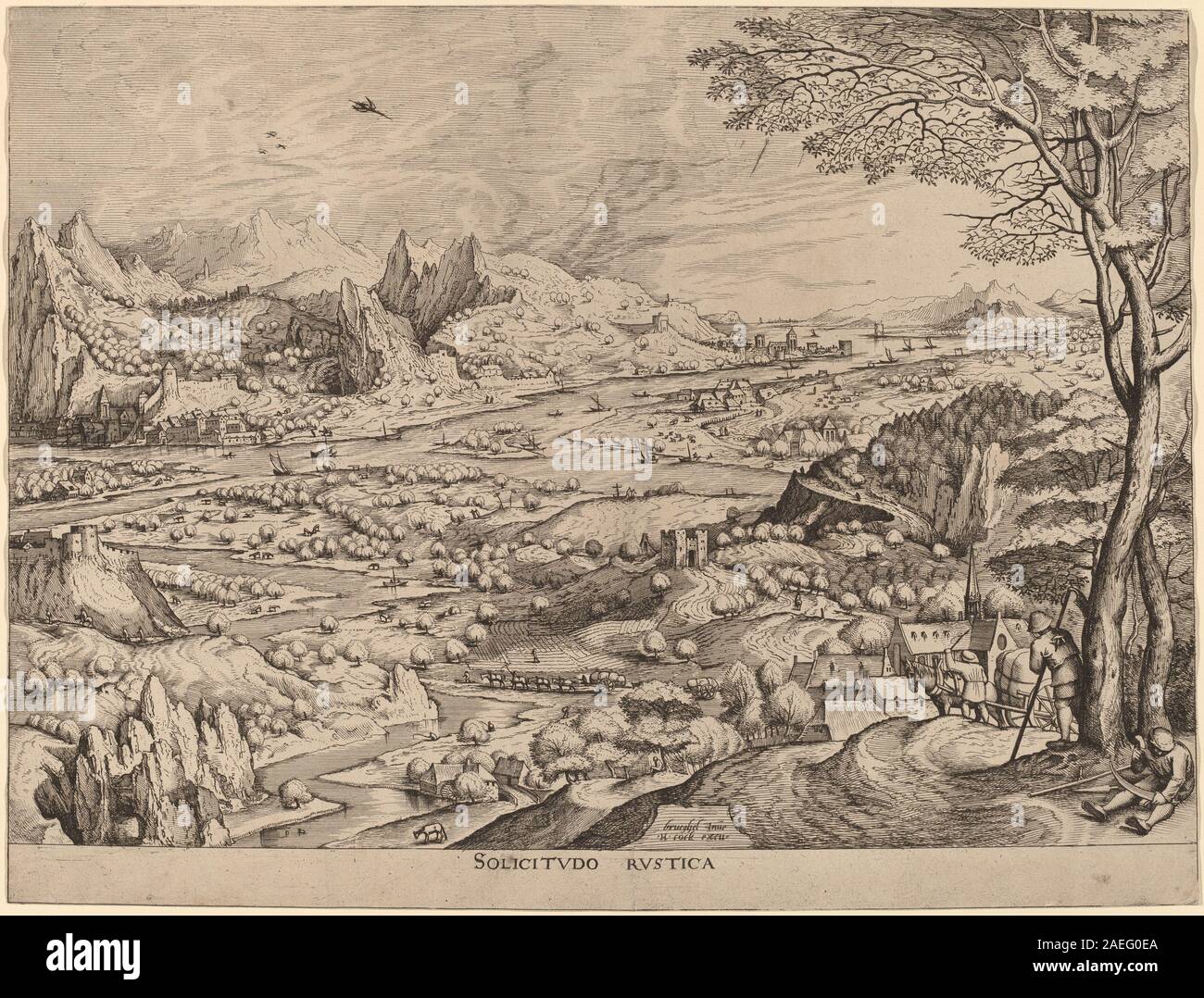 Kupferstich von Johannes und Lucas van Doetechum nach Pieter Bruegel dem Älteren, um 1555–1557, mit Darstellung von Solicitudo Rustica, die ländliche Arbeit, Bauern, Tiere und landwirtschaftliche Tätigkeit zeigt. Stockfoto