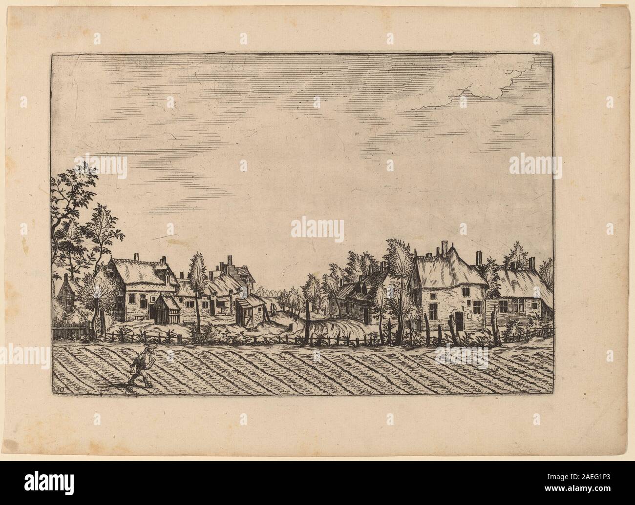 Diese Gravur von Johannes van Doetechum dem Älteren und Lucas van Doetechum zeigt mehrere Bauernhöfe in oder vor 1676. Es zeigt ländliche Gebäude, landwirtschaftliche Felder, Wege und Bäume und veranschaulicht die Landnutzung und die europäische Landschaft im 17. Jahrhundert. Stockfoto