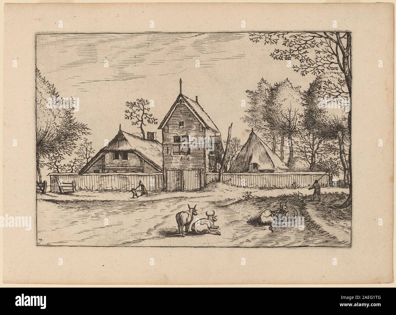 Diese Gravur von Johannes van Doetechum dem Älteren und Lucas van Doetechum zeigt einen Bauernhof aus dem Jahr 1676 oder vor dem Jahr 1977. Es zeigt ländliche Gebäude, Felder, Bäume und Landschaftsmerkmale, die typisch für die europäische Landschaft des 17. Jahrhunderts sind, und veranschaulicht das tägliche Leben und die Landnutzungspraktiken. Stockfoto