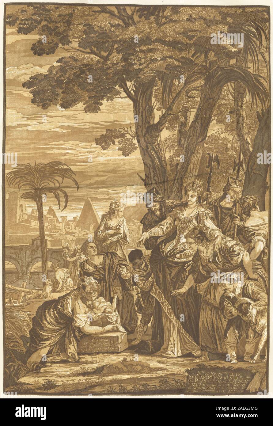 Ein Kupferstich von John Baptist Jackson aus dem Jahr 1741 nach Veronese, der die biblische Szene „The Finding of Moses“ zeigt, in der Moses als Kind, Figuren in ägyptischer Kleidung, am Fluss und narrativer Komposition in der europäischen religiösen Kunst des 18. Jahrhunderts dargestellt wird. Stockfoto