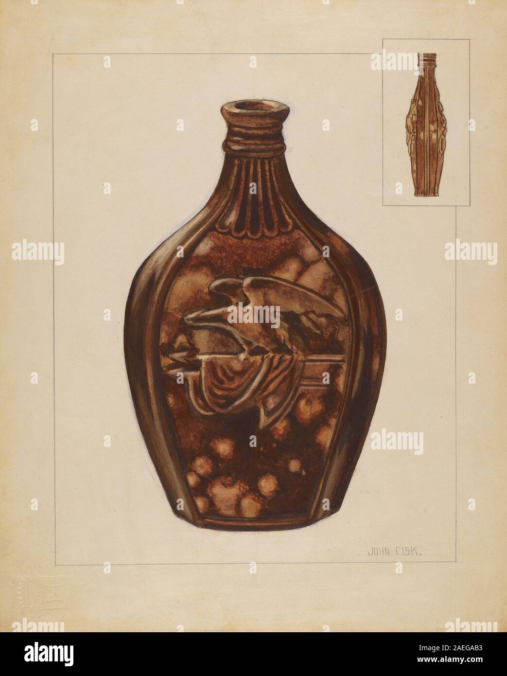 Flasche von John Fisk im Jahr 1936. Dieses kleine Keramikgefäß ist für die Aufnahme von Flüssigkeiten vorgesehen. Form, Griff und Auslauf des Kolbens spiegeln das praktische Design der 1930er Jahre wider Stockfoto