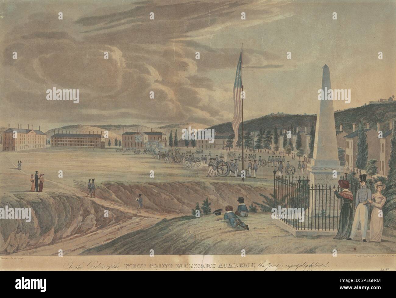 Ein Druck von 1828 von John Hill nach George Catlin, der die Militärakademie der Vereinigten Staaten mit Blick nach Süden zeigt, Gebäude der Akademie, Paradegelände, Bäume, ferne Hügel, und Blick auf den Militärcampus des frühen 19. Jahrhunderts. Stockfoto