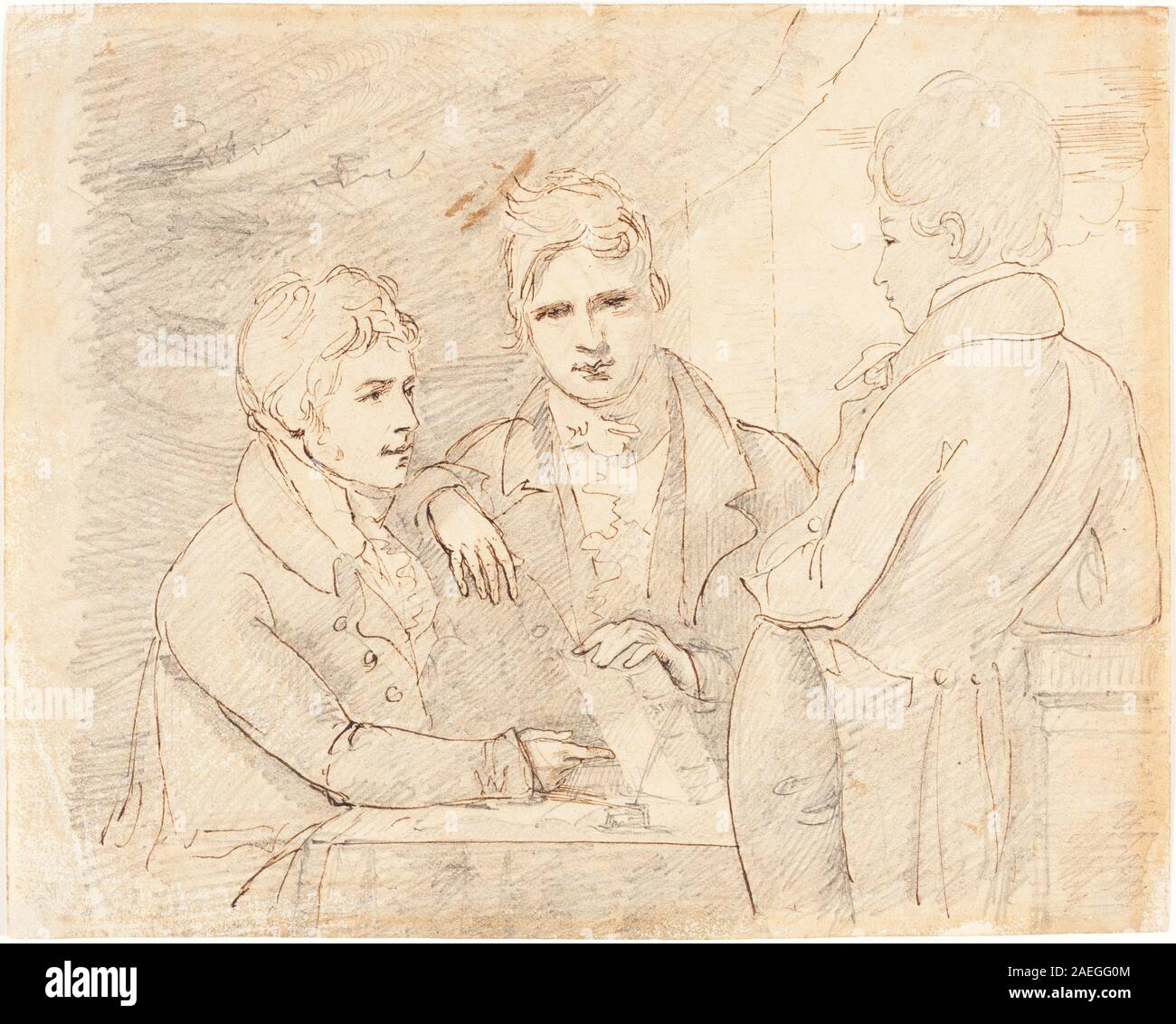 Ein Ölgemälde von John Jackson, das zwei junge Herren zeigt, die in Gesprächen verwickelt sind. Das Werk beleuchtet antike Kleidung, soziale Interaktion und realistische Gesichtsausdrücke, die charakteristisch für britische Porträts des frühen 19. Jahrhunderts sind. Stockfoto