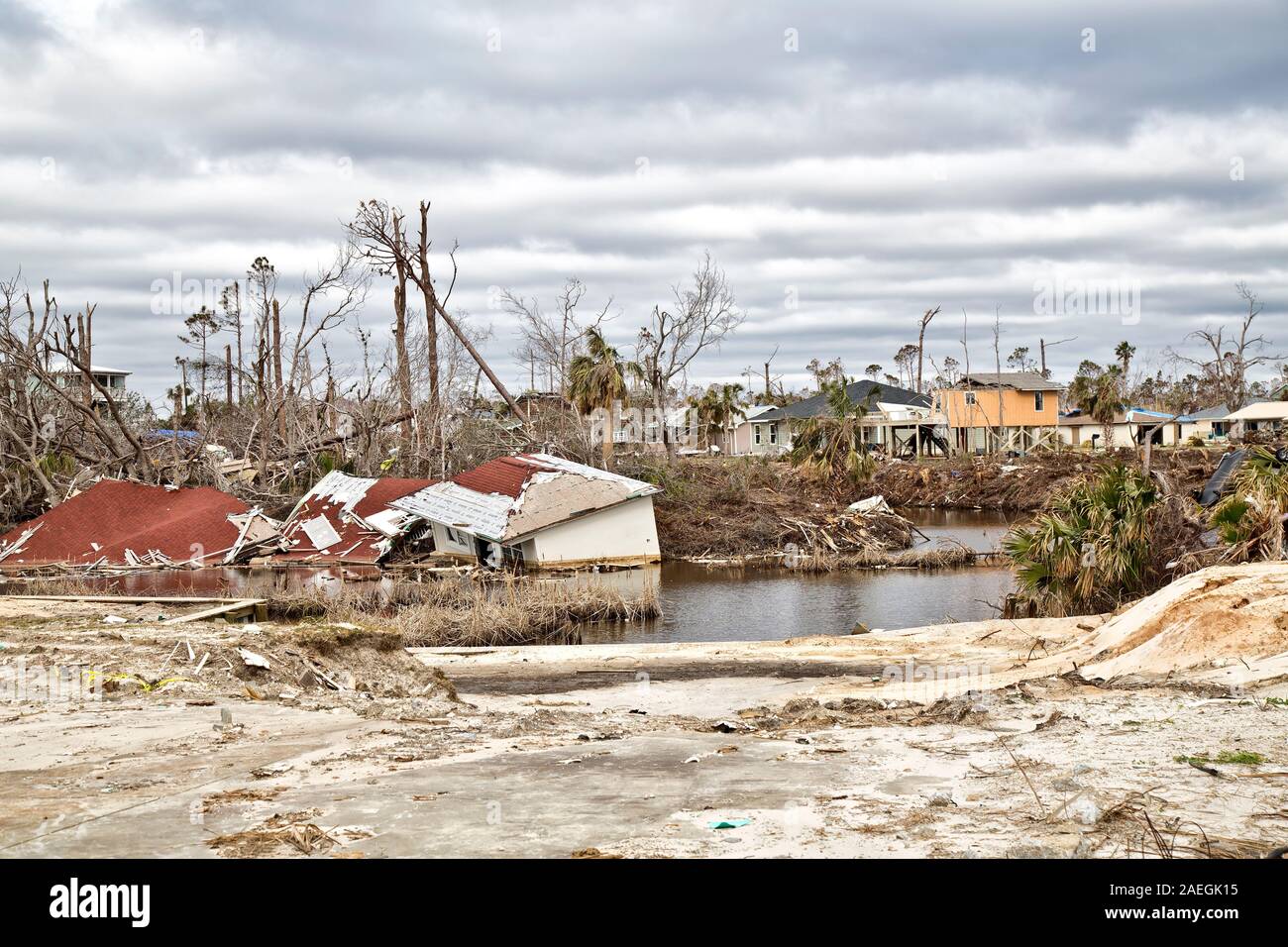 Zerstörung von Wohnungen & aus Hurrikan Michael 2018, in der nähe von Mexico Beach, Florida Panhandle. Stockfoto