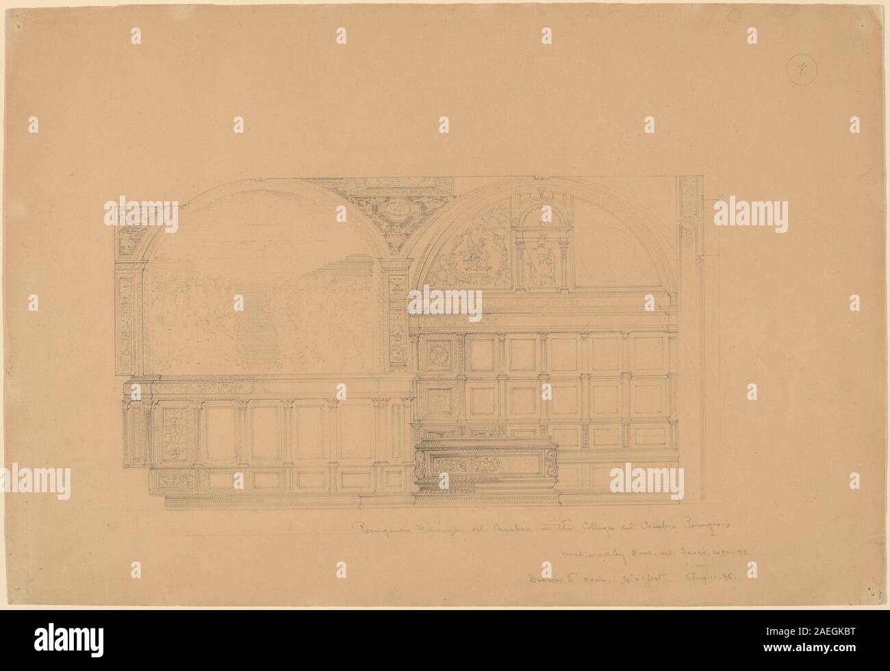 Eine Zeichnung oder Studie von John Russell Pope aus dem Jahr 1896, die Peruginos Fresko Udienza del Cambio im Collegio del Cambio, Perugia, darstellt, die architektonische Umgebung, Figuren, Freskendetails, Perspektive und kompositorische Elemente der europäischen Kunstwissenschaft des späten 19. Jahrhunderts. Stockfoto