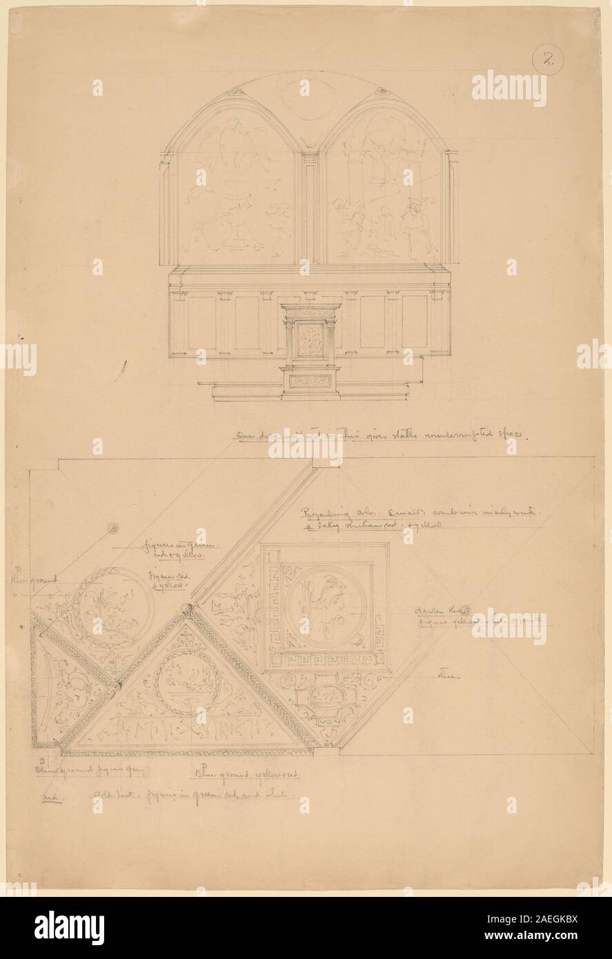 Eine Studie von John Russell Pope aus dem Jahr 1896, die einen Altaraufsatz und Deckenpaneele zeigt, die kompositorische Planung, ornamentales Design und Perspektive für kirchliche Architektur und Innendekoration zeigen. Stockfoto