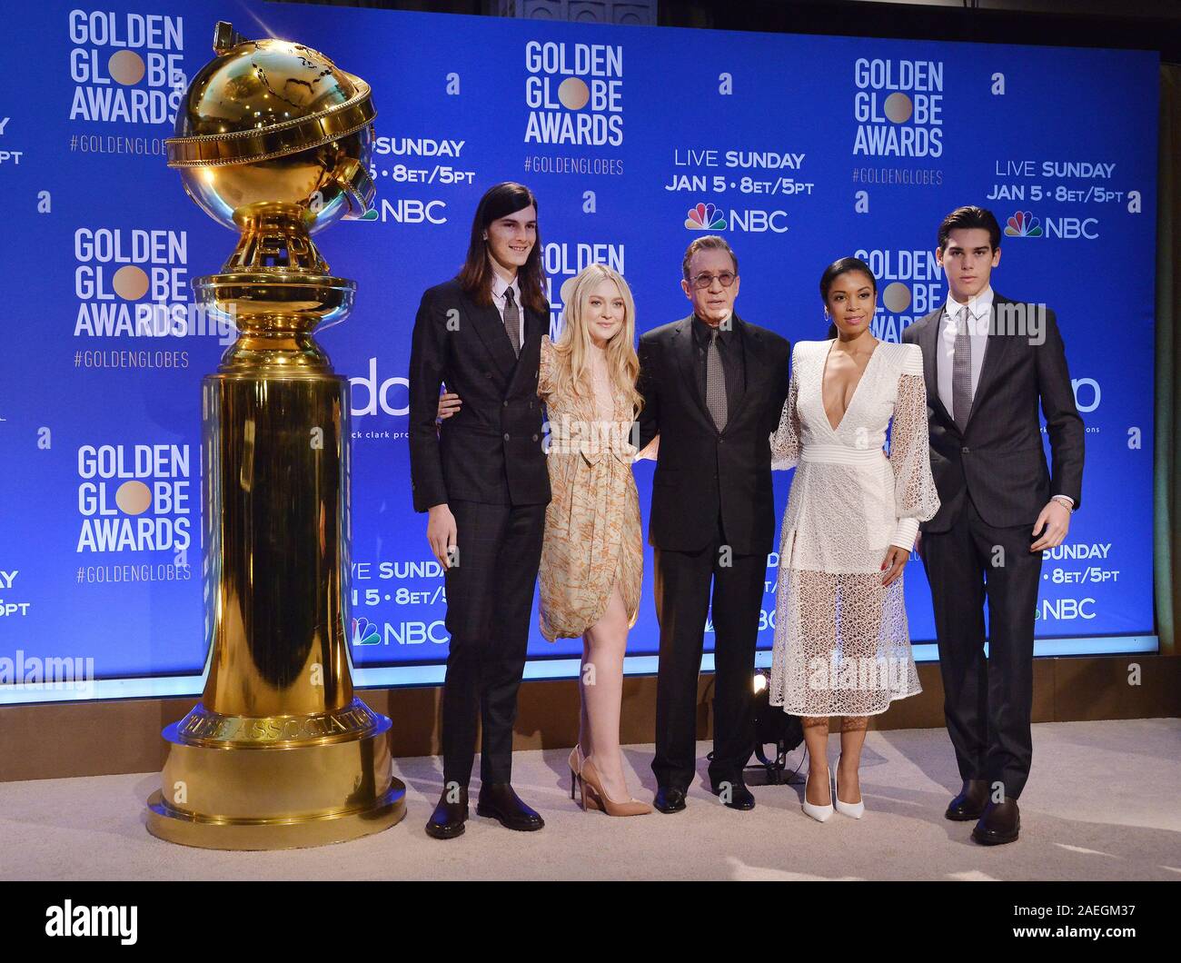 Los Angeles, USA. 08 Dez, 2019. (L - R) Dylan Brosnan, Dakota Fanning, Tim Allen, Susan Kelechi Watson und Paris Brosnan auf der 77. jährlichen Golden Globe Awards Nominierungen Ankündigung gehalten im Beverly Hilton in Beverly Hills, CA am Montag, Dezember 9, 2019. (Foto durch Sthanlee B. Mirador/Sipa USA) Credit: Sipa USA/Alamy leben Nachrichten Stockfoto