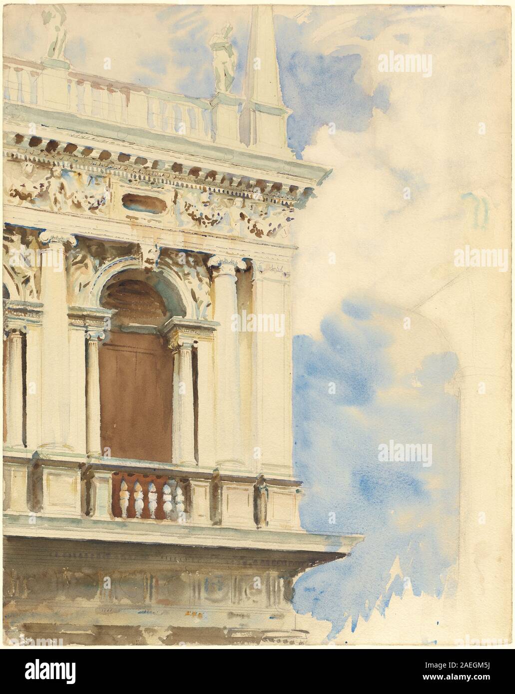 „A Corner of the Library in Venice“, 1904-1907 von John Singer Sargent, zeigt eine Innenausstattung der Bibliothek mit Bücherregalen, Möbeln, Beleuchtung und architektonischen Details. Das Gemälde veranschaulicht perspektivische, räumliche Anordnung und venezianische Innenszenen aus dem frühen 20. Jahrhundert. Stockfoto
