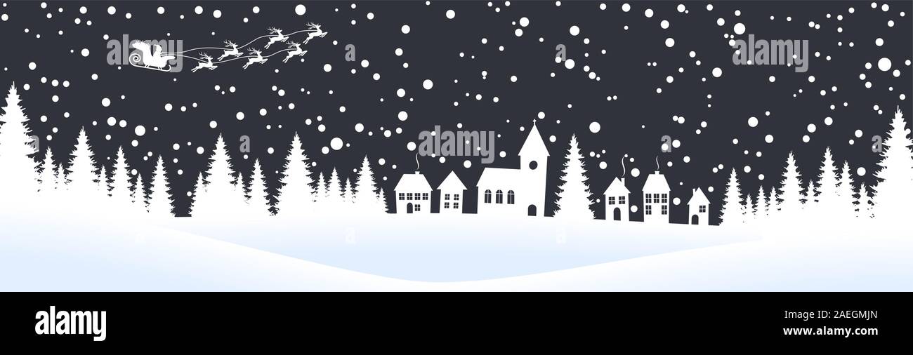 EPS 10 Vektor Datei mit Weihnachten Natur Landschaft Hintergrund mit Schneefelder, kleines Dorf, Weihnachtsmann auf Schlitten, Schnee und farbige Hinterg Stock Vektor