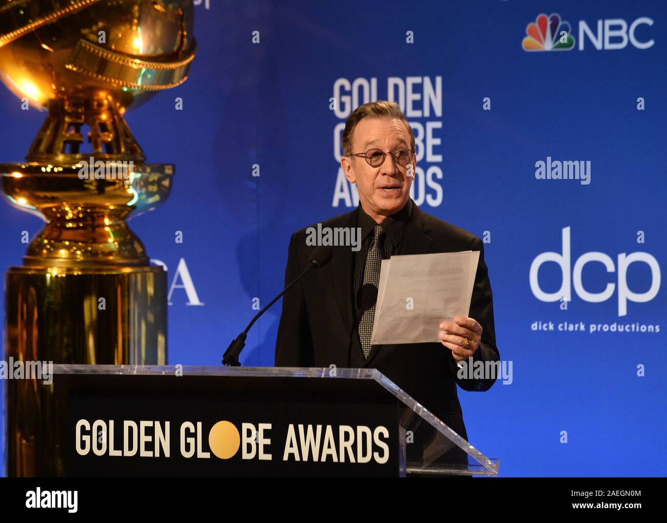 Los Angeles, USA. 09 Dez, 2019. Schauspieler Tim Allen gibt die Preisträger der 77. jährlichen Golden Globe Awards im Beverly Hilton Hotel in Beverly Hills, Kalifornien am Montag, 9. Dezember 2019. Foto von Jim Ruymen/UPI Quelle: UPI/Alamy leben Nachrichten Stockfoto